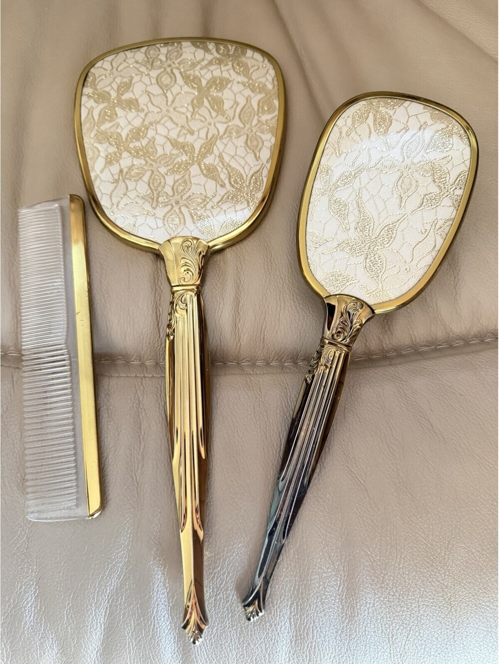 Vintage Gold  toned Vanity Hair Brush, Mirror & Comb Set Ornate Floral Design